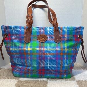 Dooney & Bourke Blue and Green Plaid Tote with Brown Leather Handles